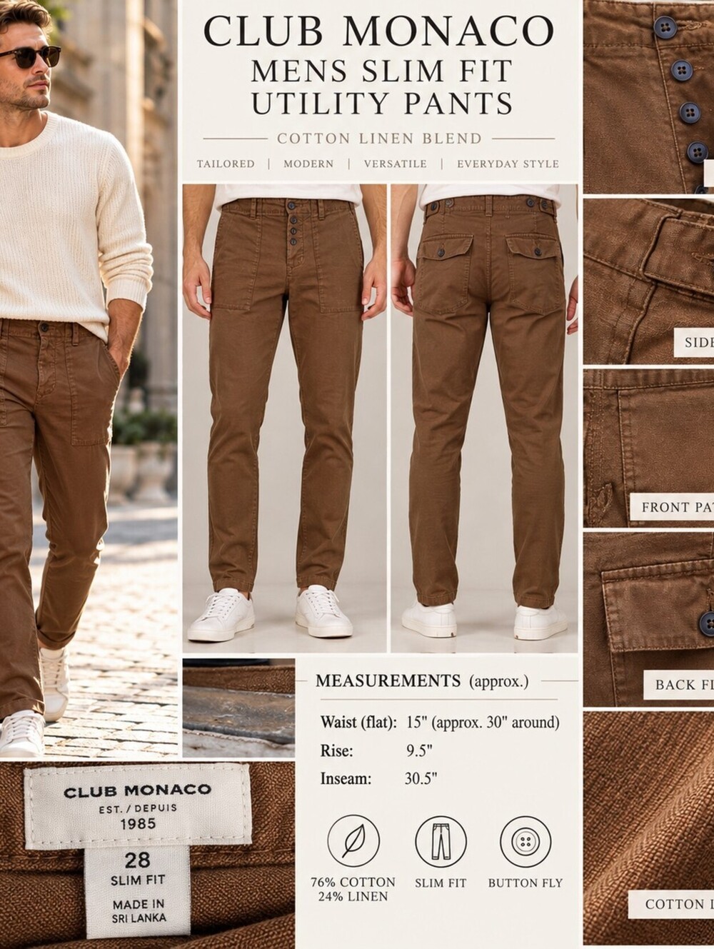 Club Monaco Mens 28 Brown Cotton Linen Slim Fit Utility Pants Button Fly 30.5